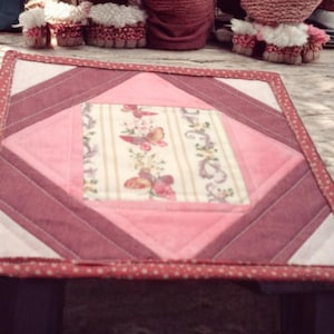 Quilted Mug Rug – Butterfly Kisses – Large Fabric Mug Mat – Pink and Mauve – Floral & Butterfly Design