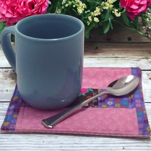 Quilted Passion Pink Floral Small Mug Rug Large Coaster Handmade Quilted Candle Mat Snack Mat Desktop Coaster Mug Rug Gift Idea Cottage Core