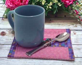 Quilted Mug Rug: Passion Pink Floral Coaster, Handmade Cotton Mat