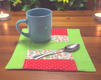 Quilted Mug Rug Set: Green & Orange Patchwork Cotton Snack Mats