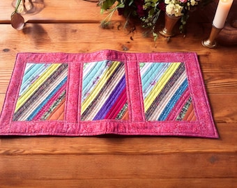 Handmade Quilted Table Runner – Attic Window Scrappy Strips, Red Floral Border