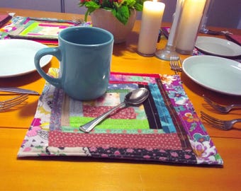 Handmade Quilted Mug Rug: Wonky Log Cabin Patchwork Cotton Mat