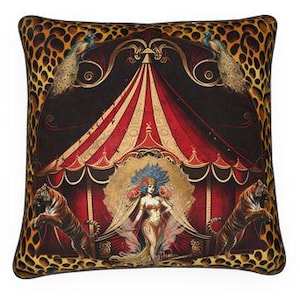 Luxury Velvet Circus Cushion: Tigers, Peacocks, Burlesque - 60cm Square