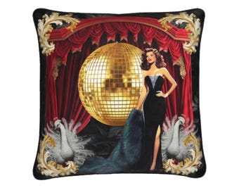 Hollywood Glamour Piped Velvet Cushion: 1950s Starlet and Disco Ball