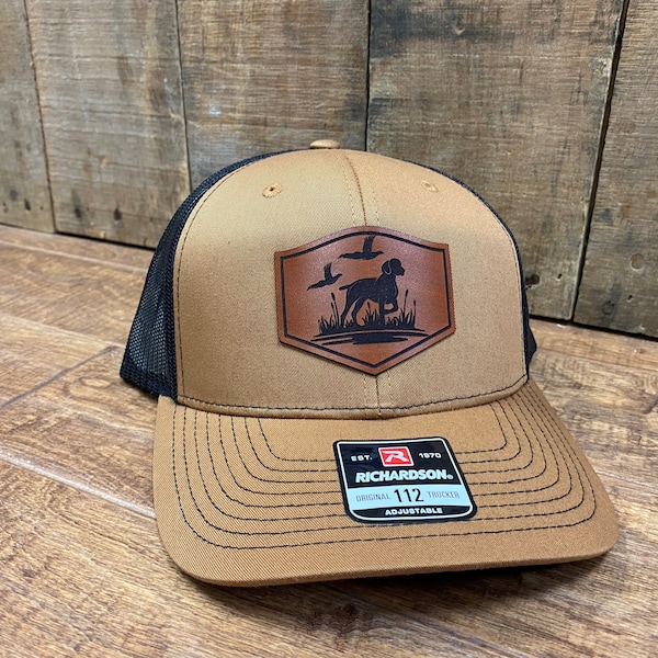 Pheasant/Dog Leather Patch Hat, Laser Engraved, Richardson 112 Snapback osfm, Trucker Hat