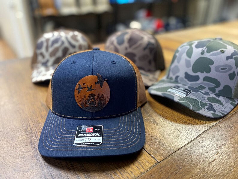 Duck Dog Leather Patch Hat, Laser Engraved, Old Duck Camo, Richardson