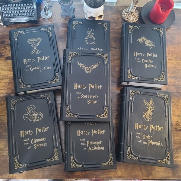 Elegant leather rebound Harry Potter books.