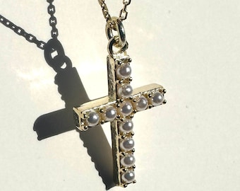 Pearl Cross Necklace: 14k Gold Plated Sterling Silver Crucifix