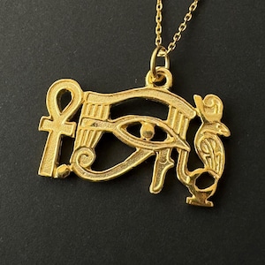 Eye of Horus Ankh Necklace, 14k Gold Plated 925 Sterling Silver Ancient Egyptian Symbols Charm, Eye of Ra Pendant, Mythological Talisman