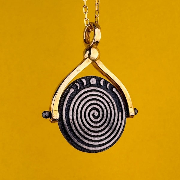 Phases of Moon Spinner Necklace, 925 Sterling Silver Spiral Amulet Pendant, Star Sirius Symbol Charm