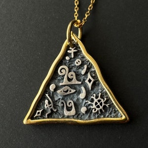 Triangle Ancient Symbols Amulet Necklace, 925 Sterling Silver Holly Pyramid Pendant, Protective Talisman, Unique Gift Him, Unisex Jewelry