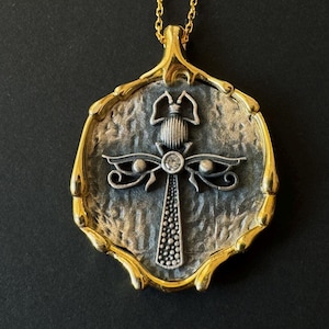 Scarab Ankh Medallion, 925 Sterling Silver Ancient Egyptian Ankh Necklace, Egyptian Mythology Pendant, Key of Life Symbol Charm, Unique Gift