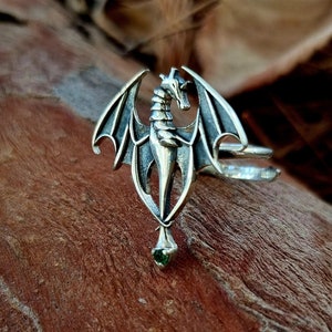 Emerald Tailed Dragon Ring, 925 Sterling Silver, Adjustable DRAGON Ring, Dark Dragon Ring, Gothic Ring, Mythology Jewelry, Special Gift
