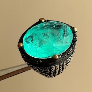 Paraiba Turmalin Ring Sterling Silber, Hochwertiger Edelstein Ring für Männer, Blauer Edelstein Ring, Detaillierte Muster Bandring, Handgemachter Ring