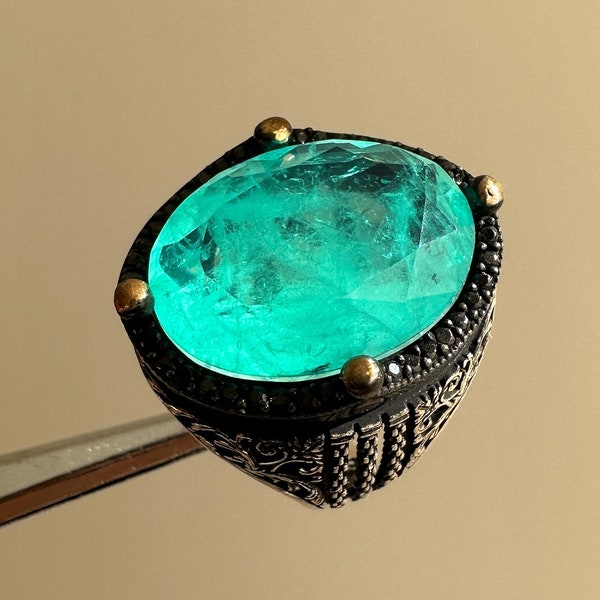 Paraiba Tourmaline Ring Sterling Silver, High Quality Gemstone Ring for Men, Blue Gemstone Ring, Detailed Patterned Band Ring, Handmade Ring