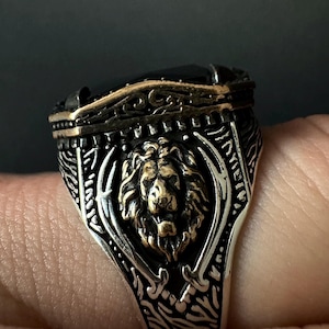 Golden Lion Head Ring, 925 Sterling Silver Black Gemstone Leo Ring, Wild Animal Portrait Ring, Silver Lion Ring, Birthday Gift