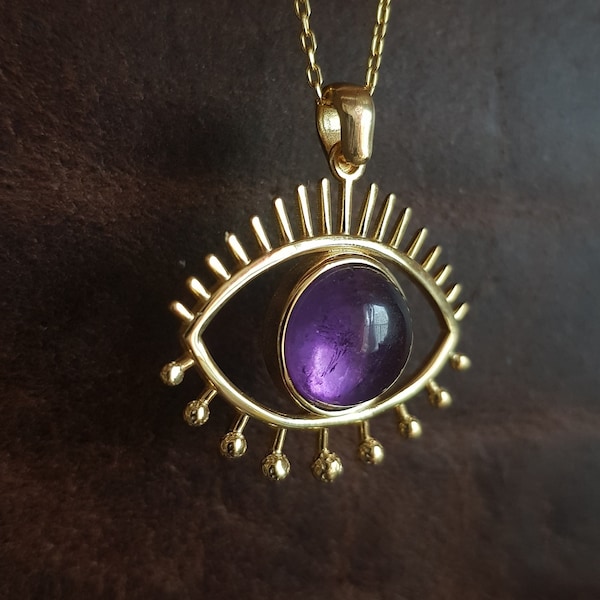 Amethyst EYE Necklace, 925K Silver Evil Eye Pendant, All-Seeing Eye Amulet, Eye Talisman, Natural Gemstone, Amethyst Pendant, Gift for Her