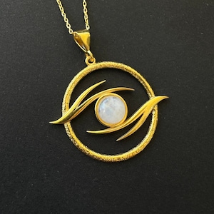 AUGE von RA Medaillon, 925 Sterling Silber Mondstein Auge von Horus Halskette, altägyptischer Gott Anhänger, Mythologie Schmuck, Geschenk für Sie