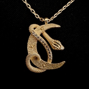 Snake and Moon Necklace, 14k Gold Plated 925 Sterling Silver Serpent Pendant, Snake on Crescent Pendant, Hecate Snake Pendant, Witchcraft