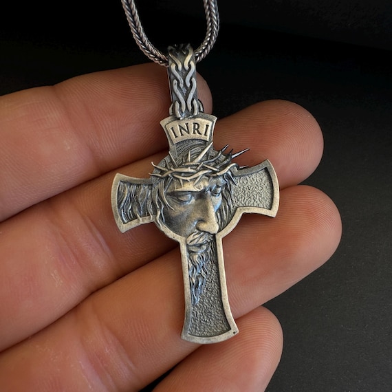 14k Rose Gold Linear Cross INRI Crucifix Pendant Charm - Handmade Fine Jewelry