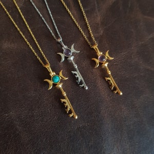 Hecate Necklace, Hecate's Key Pendant, 925k Silver Triple Moon Key Necklace, Amethyst Goddess Hecate Key Necklace, Turquoise Key Pendant