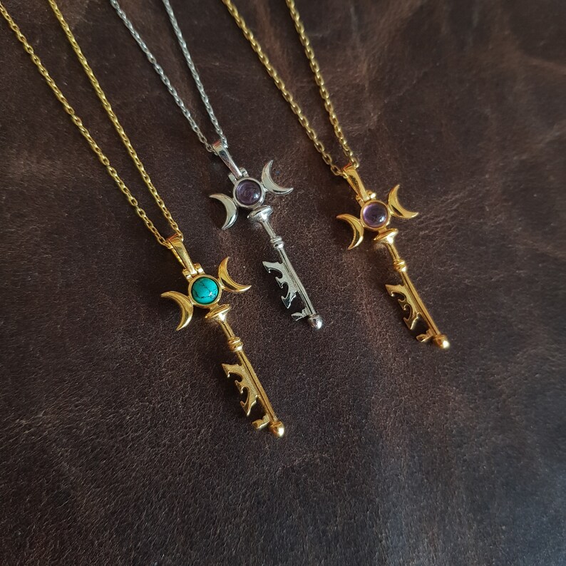 Hecate Necklace, Hecate's Key Pendant, 925k Silver Triple Moon Key Necklace, Amethyst Goddess Hecate Key Necklace, Turquoise Key Pendant