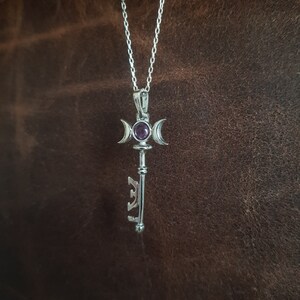 Sterling Silver Hecate Key Necklace: Triple Moon Pendant, Amethyst or Turquoise Silver - Amethyst