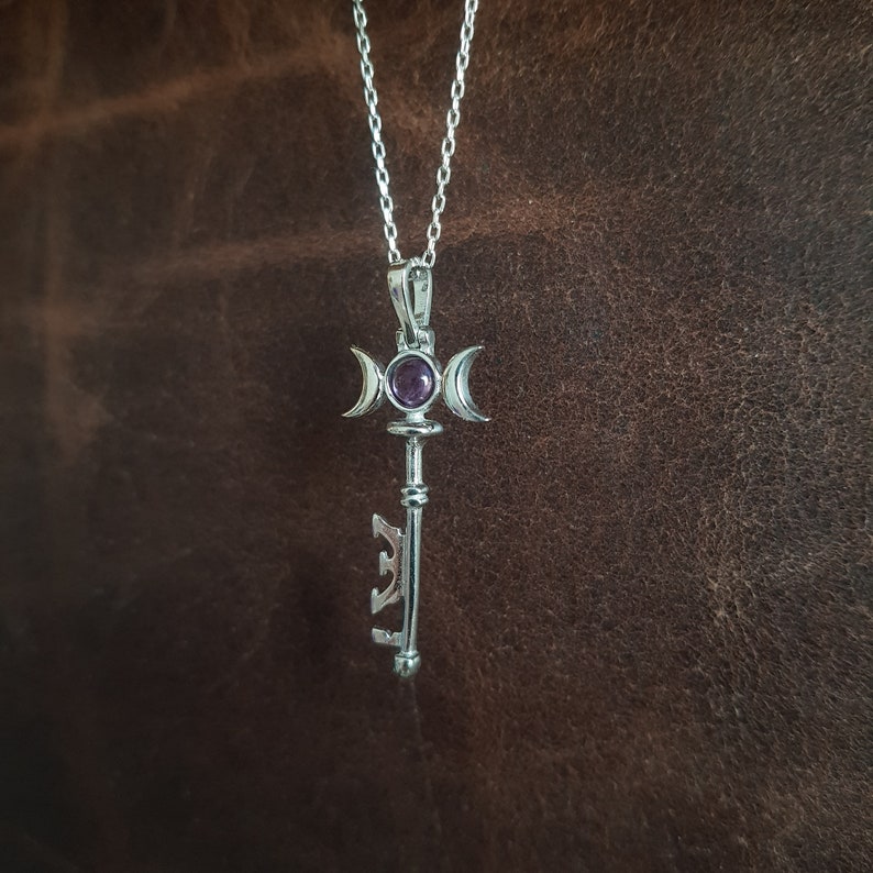 Sterling Silver Hecate Key Necklace: Triple Moon Pendant, Amethyst or Turquoise Silver - Amethyst