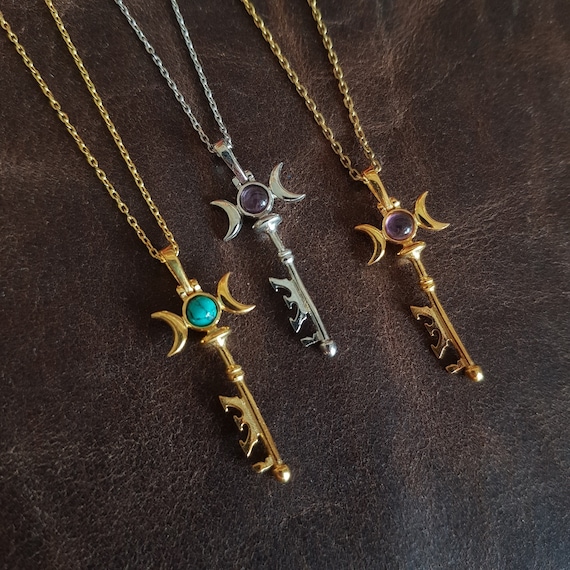 Sterling Silver Hecate Key Necklace: Triple Moon Pendant, Amethyst or Turquoise
