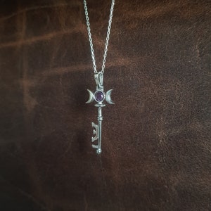 Sterling Silver Hecate Key Necklace: Triple Moon Pendant, Amethyst or Turquoise image 9