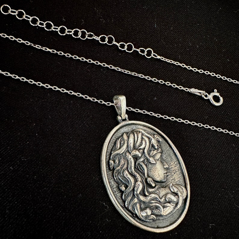 silver medusa necklace, Medusa portrait necklace