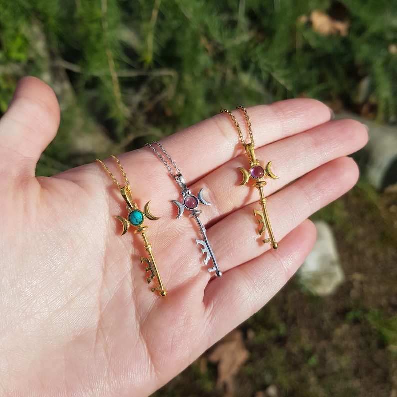 Hecate Necklace, Hecate's Key Pendant, 925k Silver Triple Moon Key Necklace, Amethyst Goddess Hecate Key Necklace, Turquoise Key Pendant