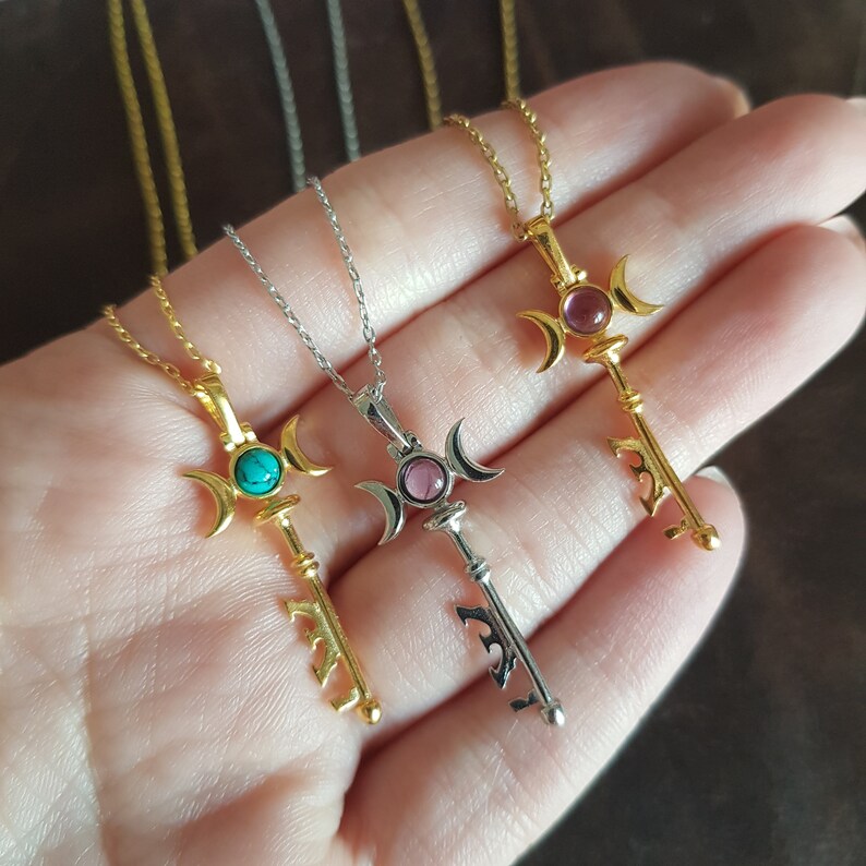 Hecate Necklace, Hecate's Key Pendant, 925k Silver Triple Moon Key Necklace, Amethyst Goddess Hecate Key Necklace, Turquoise Key Pendant