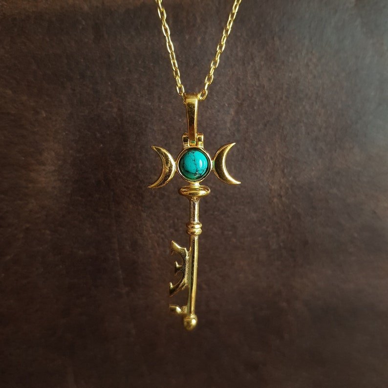 Hecate Necklace, Hecate's Key Pendant, 925k Silver Triple Moon Key Necklace, Amethyst Goddess Hecate Key Necklace, Turquoise Key Pendant