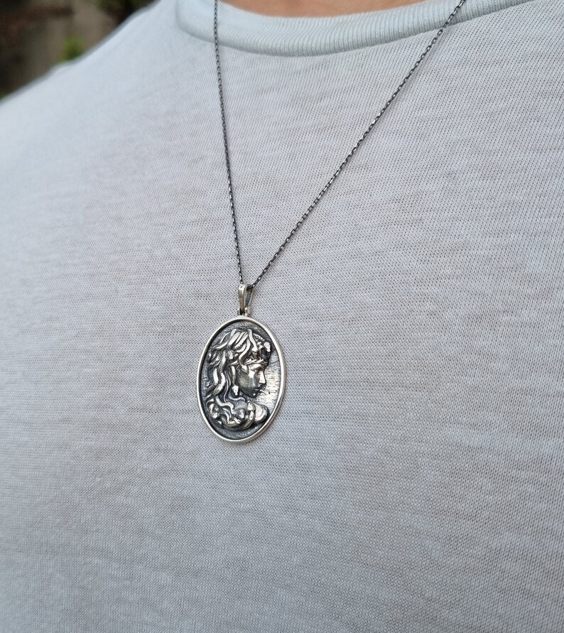 silver medusa necklace, Medusa portrait necklace