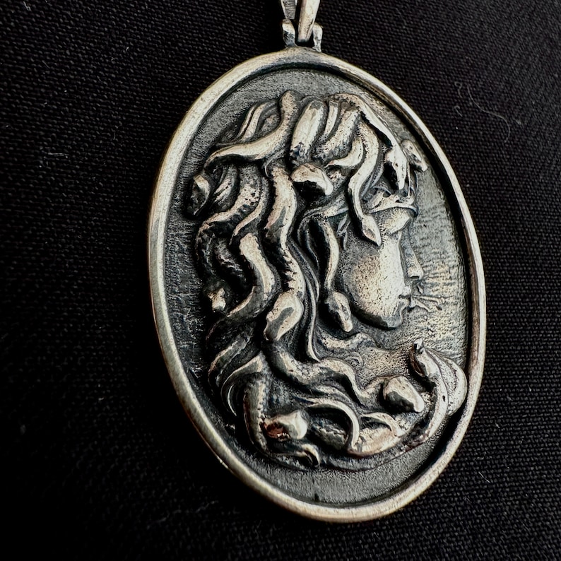 silver medusa necklace, Medusa portrait necklace