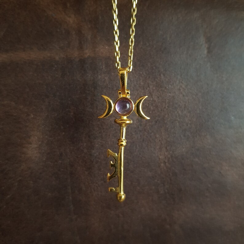 Hecate Necklace, Hecate's Key Pendant, 925k Silver Triple Moon Key Necklace, Amethyst Goddess Hecate Key Necklace, Turquoise Key Pendant