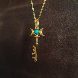Hecate Necklace, Hecate's Key Pendant, 925k Silver Triple Moon Key Necklace, Amethyst Goddess Hecate Key Necklace, Turquoise Key Pendant