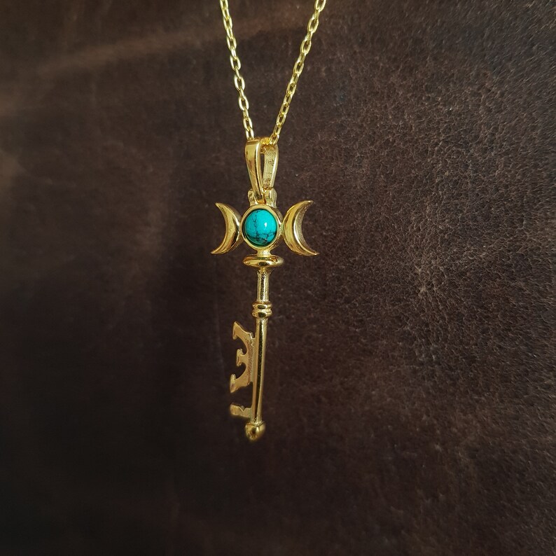Hecate Necklace, Hecate's Key Pendant, 925k Silver Triple Moon Key Necklace, Amethyst Goddess Hecate Key Necklace, Turquoise Key Pendant