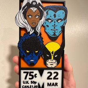May include: A black and white comic book cover featuring four superhero characters. The characters are Storm, Wolverine, Nightcrawler, and Beast. The cover has a price of 75 cents and a date of March 22nd.