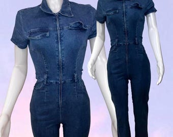 Vintage 90s y2k denim jumpsuit blue asphalt