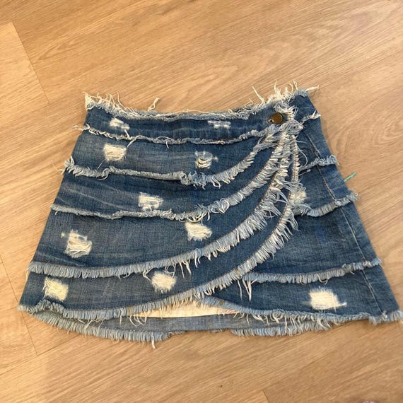 Vintage distressed patchwork denim mini skirt - image 8