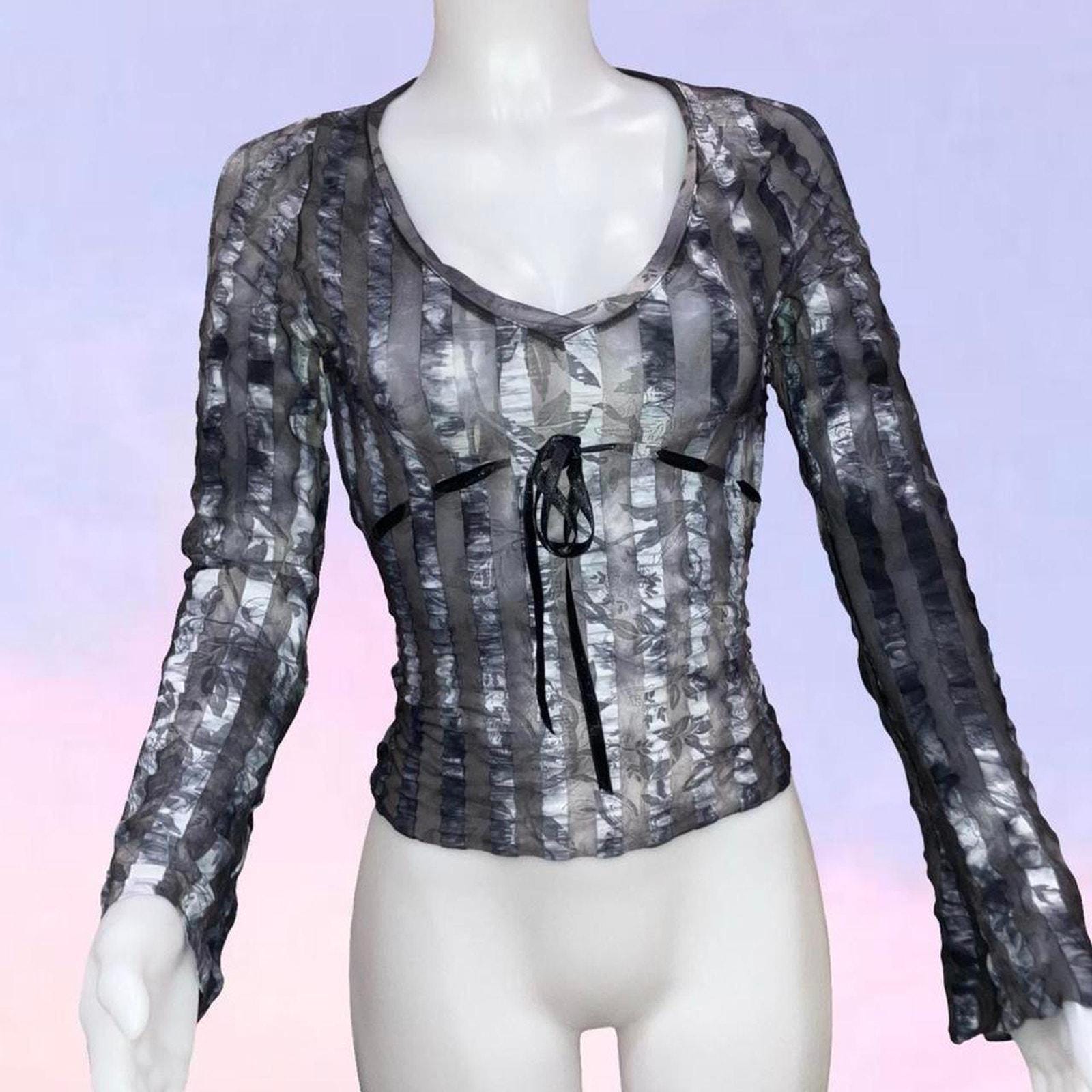 トップス vintage sheer cache-coeur blouse Womens Sheer Button Up Shirt Long Sleeve LapelNeck Mesh Top
