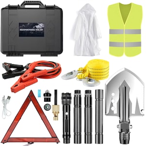 May include: A collection of emergency car tools and equipment, including a black toolbox, a high-visibility vest, a shovel, and a warning triangle. Other items are a tow rope, jumper cables, a flashlight, and a waterproof raincoat.
