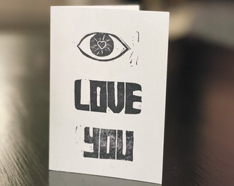 eye love you linocut print small greeting cards, set of three