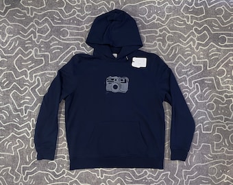 rangefinder camera hand-printed hoodie, men's XL