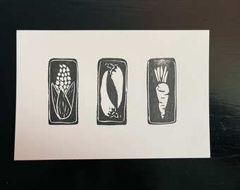 veggie linocut print postcards, set of three