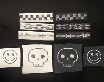 black & white linocut print iron-on patches