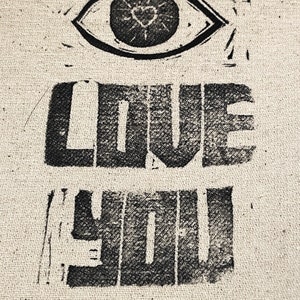 large linocut eraser print iron-on or sew-on canvas patch eye love you