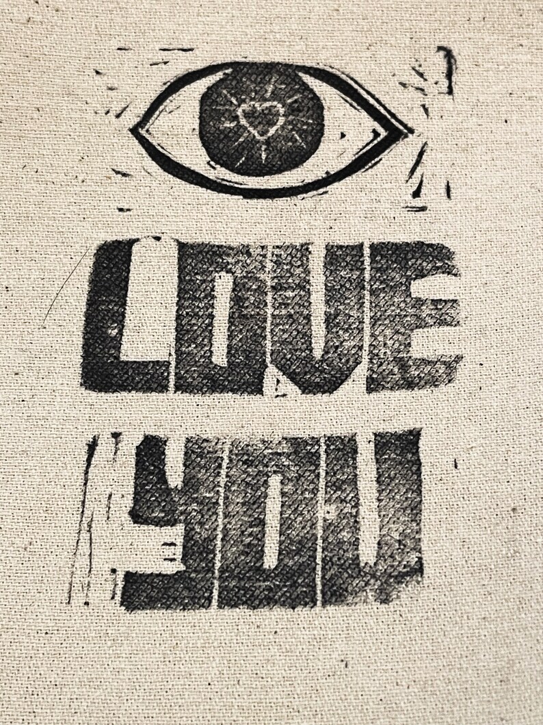 large linocut eraser print iron-on or sew-on canvas patch eye love you